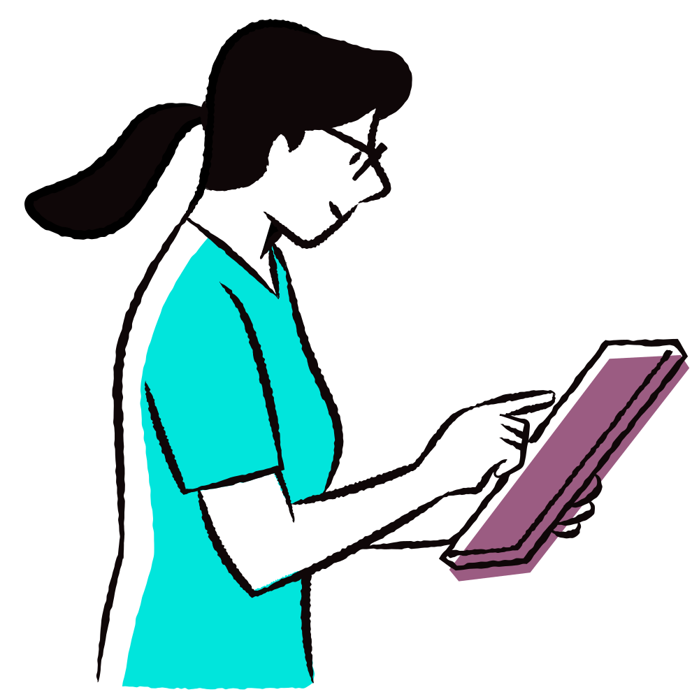 A woman with black hair wearing glasses clicks on a tablet device